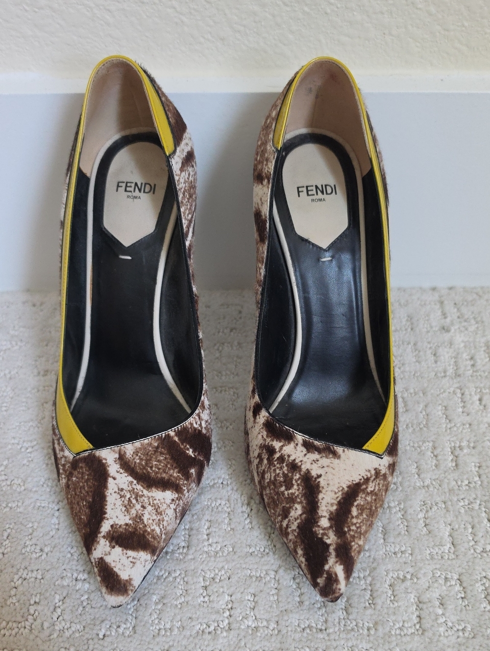 Fendi Brown & Yellow Pointed-Toe Pumps with animal hide.
